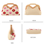 Crochet Floral Knit Clutch Bag with Wooden Top Handle - Beige & Pink_8414552_4