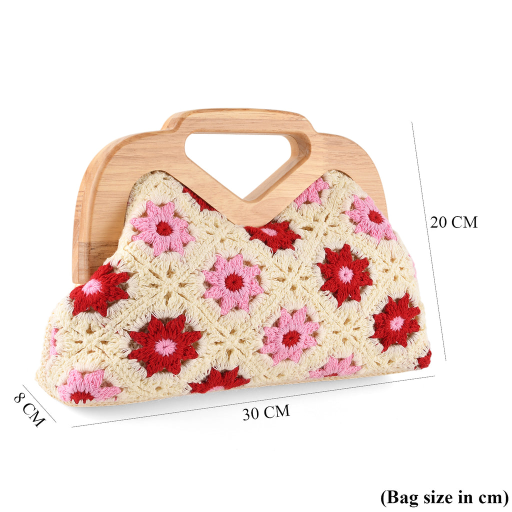 Crochet Floral Knit Clutch Bag with Wooden Top Handle - Beige & Pink_8414552_6