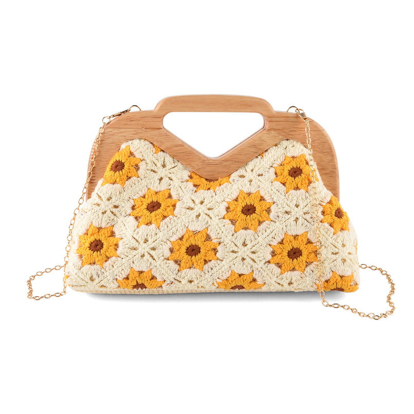 Crochet Floral Knit Clutch Bag with Wooden Top Handle - Beige & Yellow_8414553