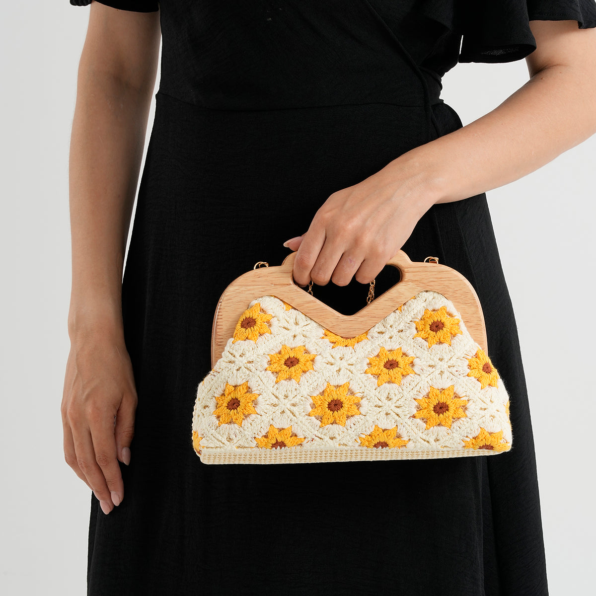 Crochet Floral Knit Clutch Bag with Wooden Top Handle - Beige &amp; Yellow V32704254 3