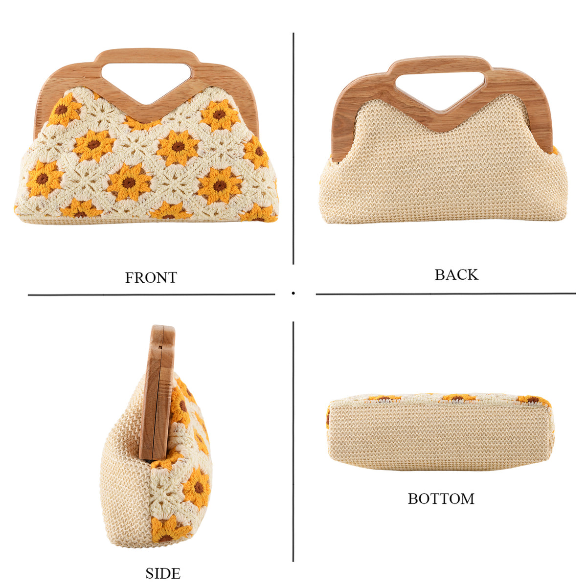 Crochet Floral Knit Clutch Bag with Wooden Top Handle - Beige &amp; Yellow V32704254 4