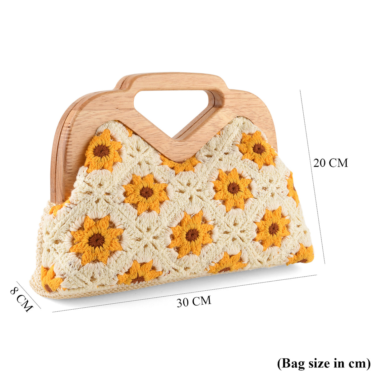 Crochet Floral Knit Clutch Bag with Wooden Top Handle - Beige &amp; Yellow V32704254 6