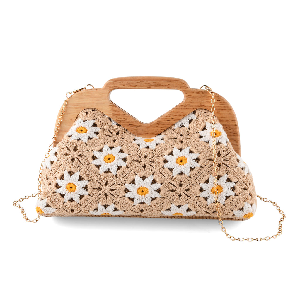Crochet Floral Knit Clutch Bag with Wooden Top Handle - White & Khaki_8414559