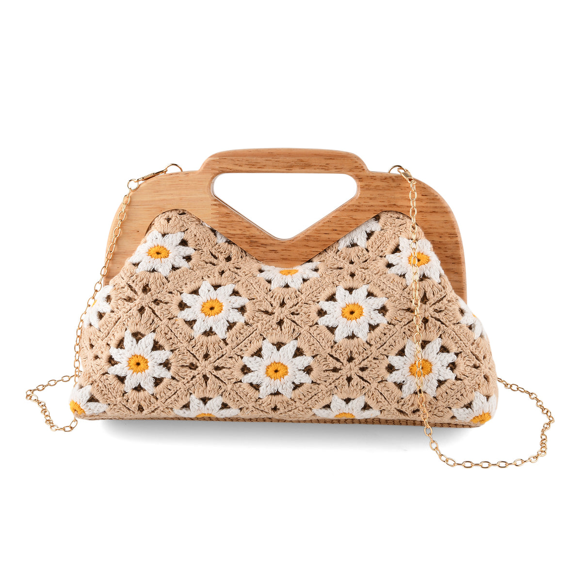 Crochet Floral Knit Clutch Bag with Wooden Top Handle - White &amp; Khaki V32599430 0