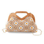 Crochet Floral Knit Clutch Bag with Wooden Top Handle - White & Khaki_8414559