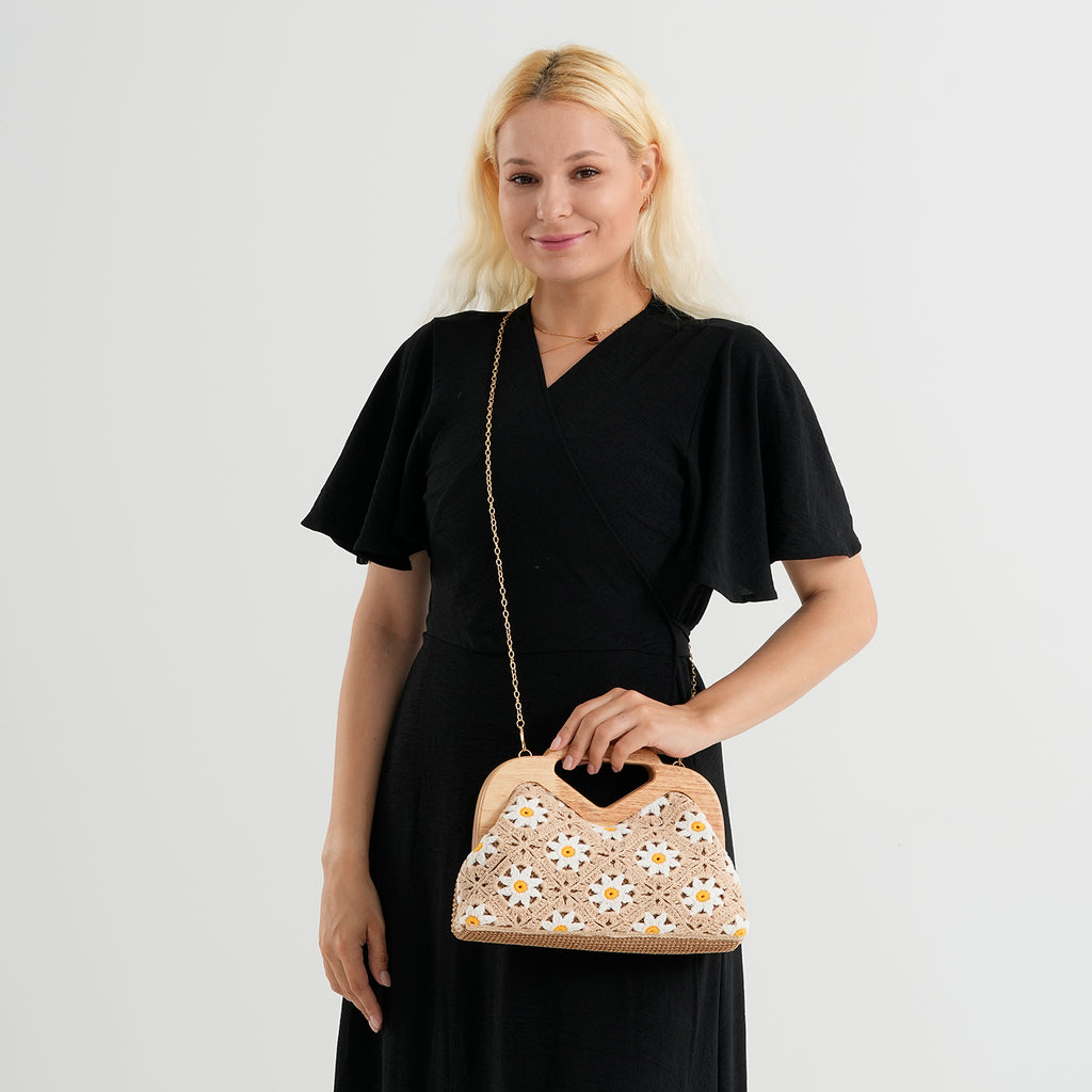 Crochet Floral Knit Clutch Bag with Wooden Top Handle - White & Khaki_8414559_2