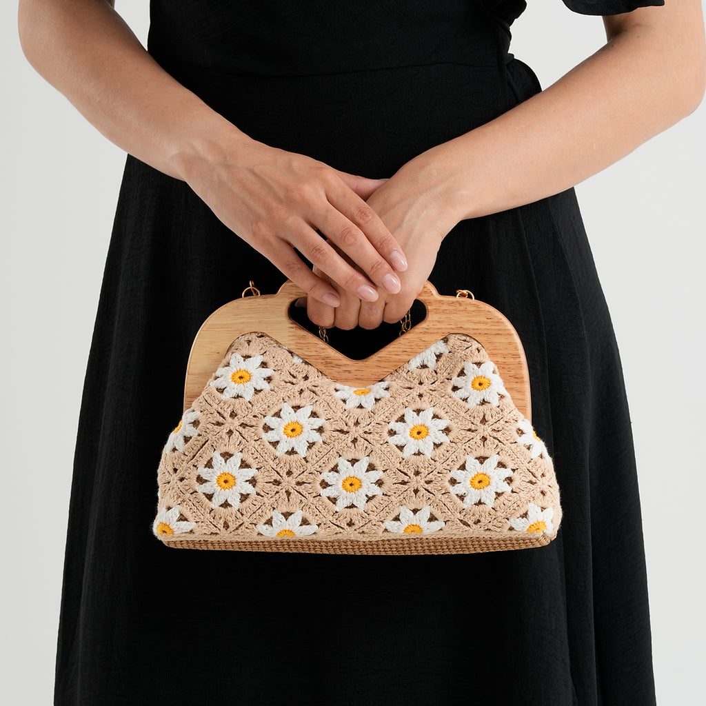 Crochet Floral Knit Clutch Bag with Wooden Top Handle - White & Khaki_8414559_3