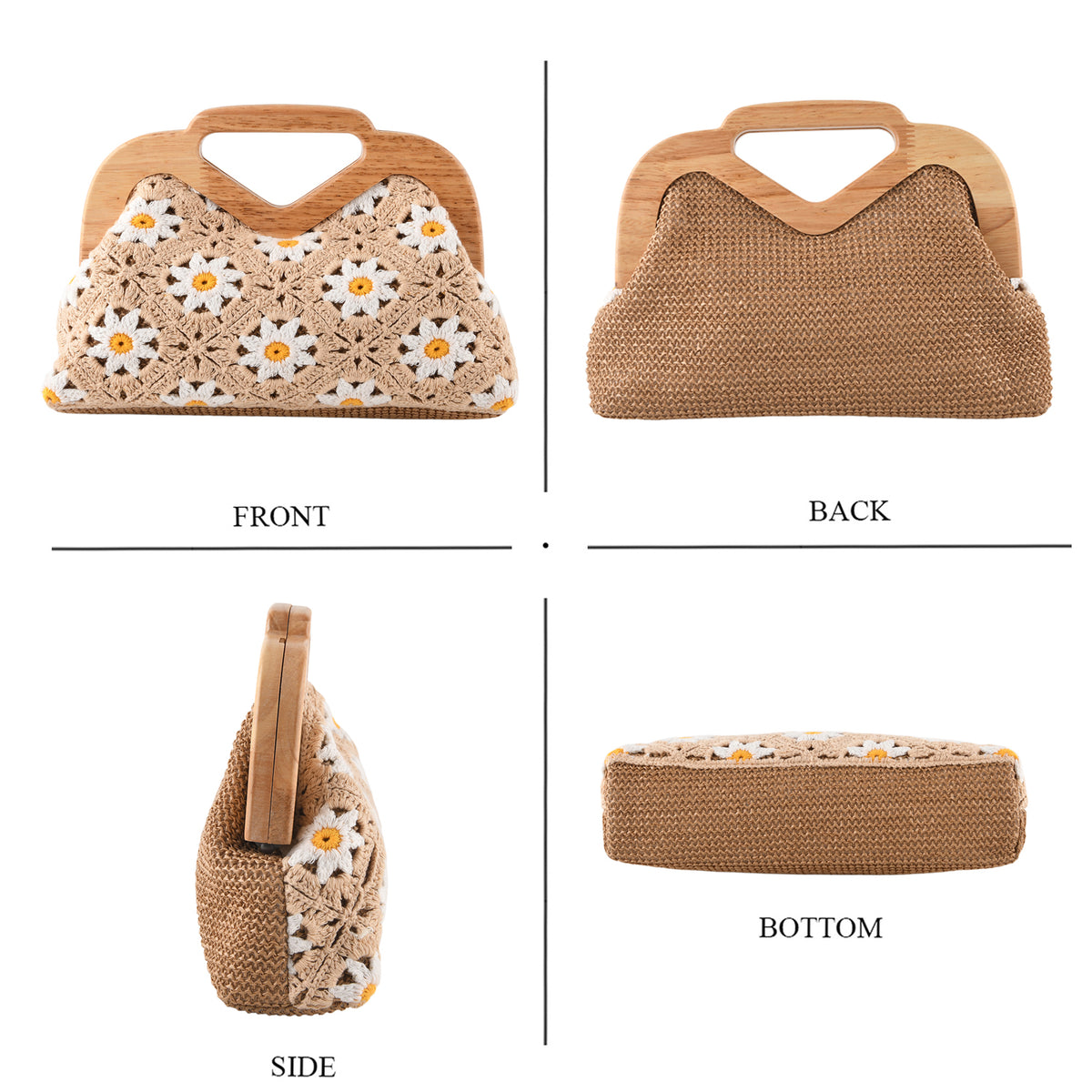 Crochet Floral Knit Clutch Bag with Wooden Top Handle - White &amp; Khaki V32599430 4
