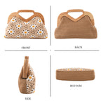 Crochet Floral Knit Clutch Bag with Wooden Top Handle - White & Khaki_8414559_4
