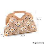 Crochet Floral Knit Clutch Bag with Wooden Top Handle - White & Khaki_8414559_6