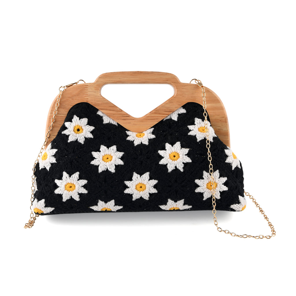 Crochet Floral Knit Clutch Bag with Wooden Top Handle - Black & White_8414560