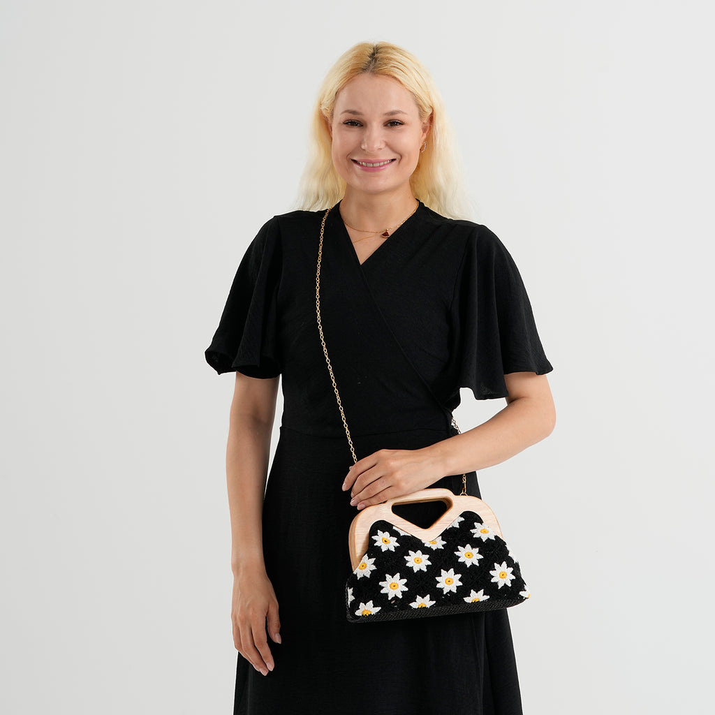 Crochet Floral Knit Clutch Bag with Wooden Top Handle - Black & White_8414560_2