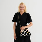 Crochet Floral Knit Clutch Bag with Wooden Top Handle - Black & White_8414560_2
