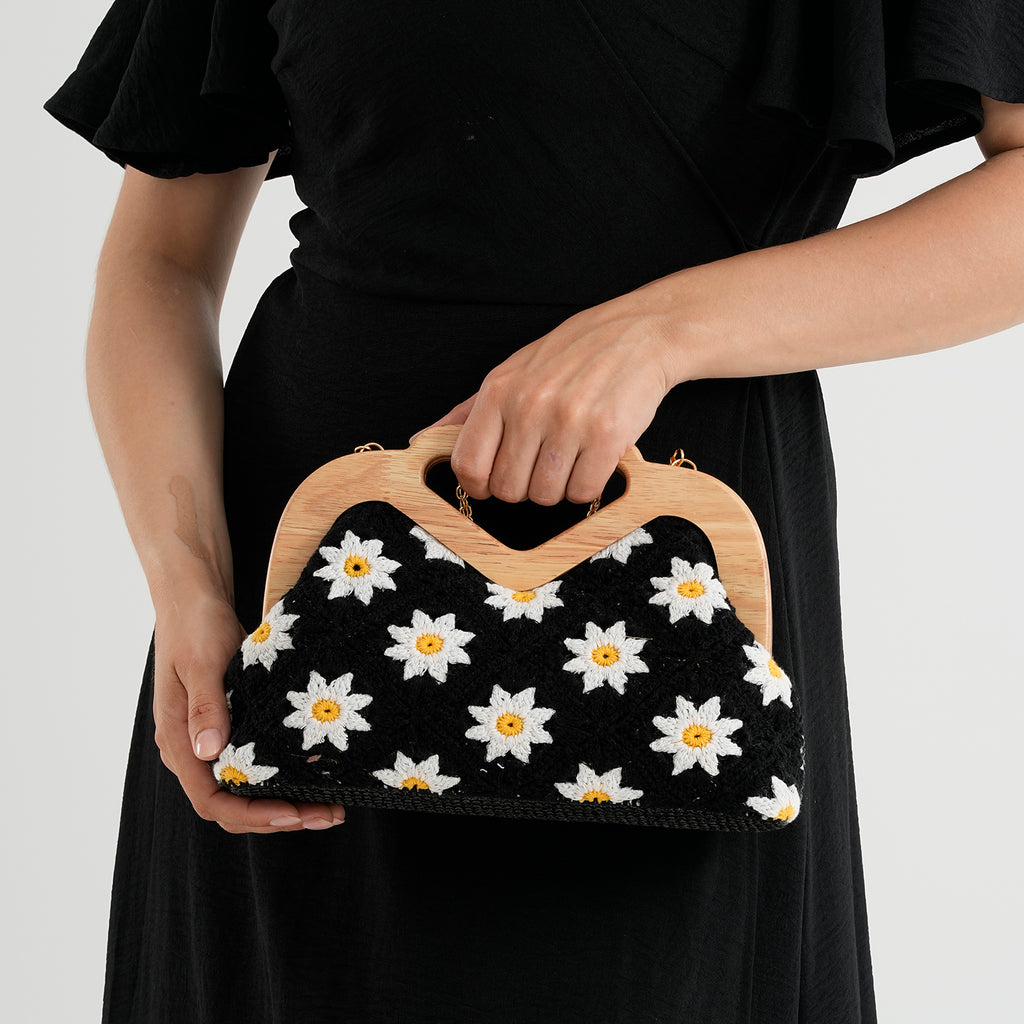 Crochet Floral Knit Clutch Bag with Wooden Top Handle - Black & White_8414560_3