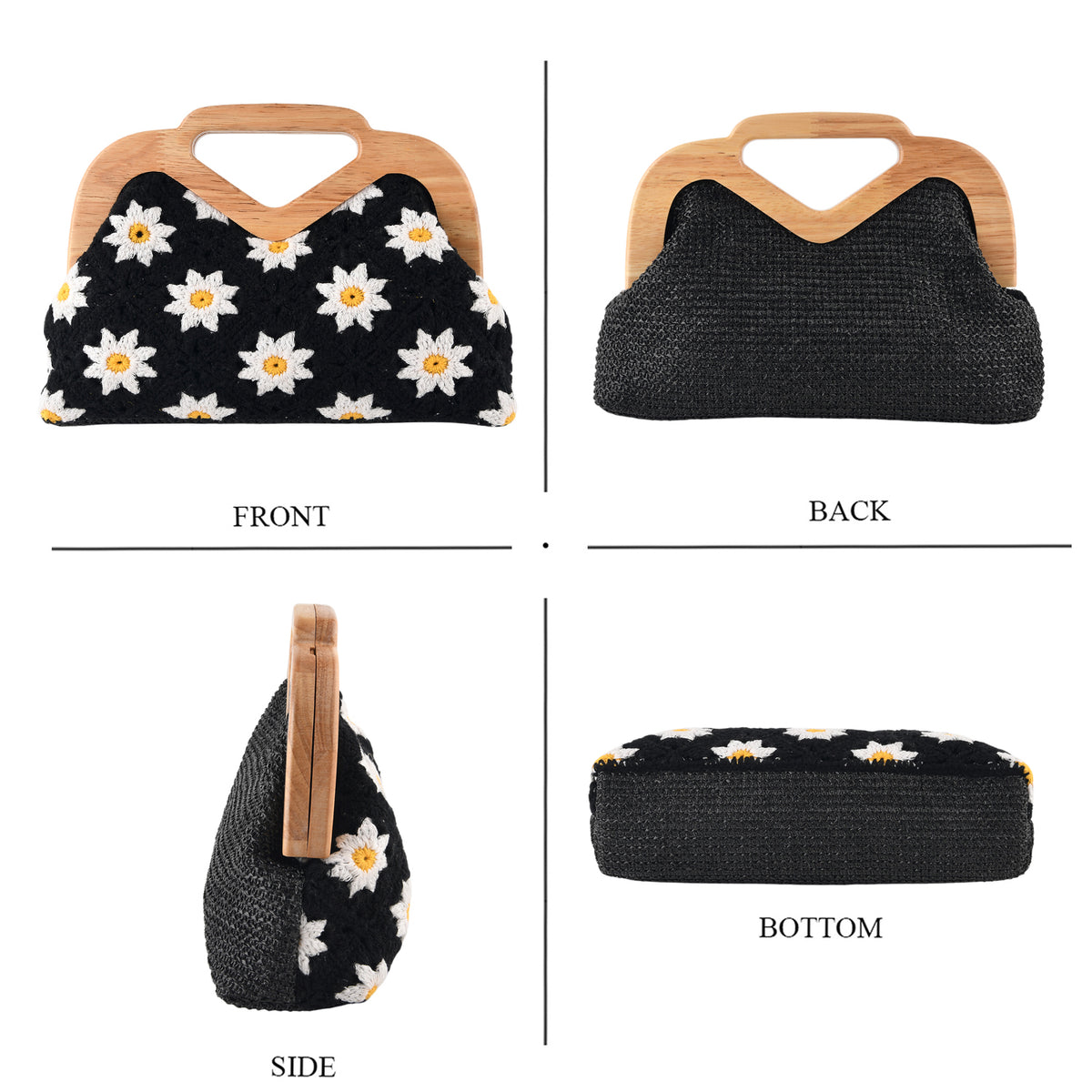 Crochet Floral Knit Clutch Bag with Wooden Top Handle - Black &amp; White V32700135 4