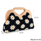 Crochet Floral Knit Clutch Bag with Wooden Top Handle - Black & White_8414560_6