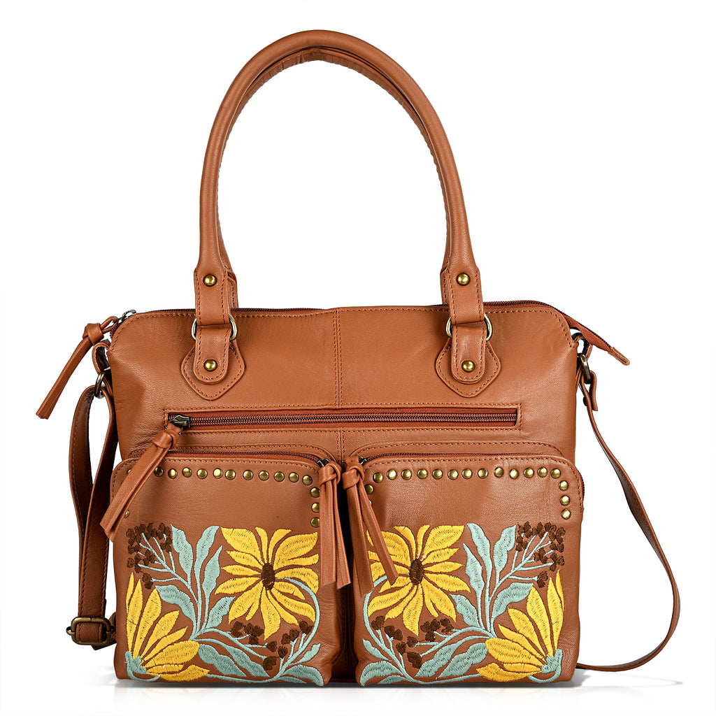 La Marey Genuine Leather Sunflower Embroidery Handbag with Crossbody Shoulder Strap - Light Brown_8414564