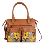 La Marey Genuine Leather Sunflower Embroidery Handbag with Crossbody Shoulder Strap - Light Brown_8414564