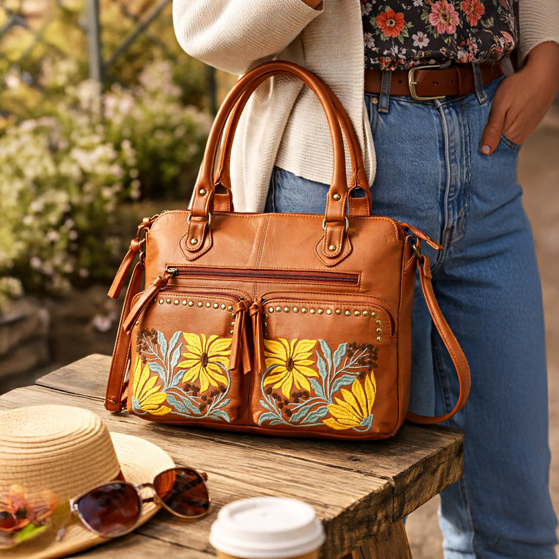La Marey Genuine Leather Sunflower Embroidery Handbag with Crossbody Shoulder Strap - Light Brown 8414564 2