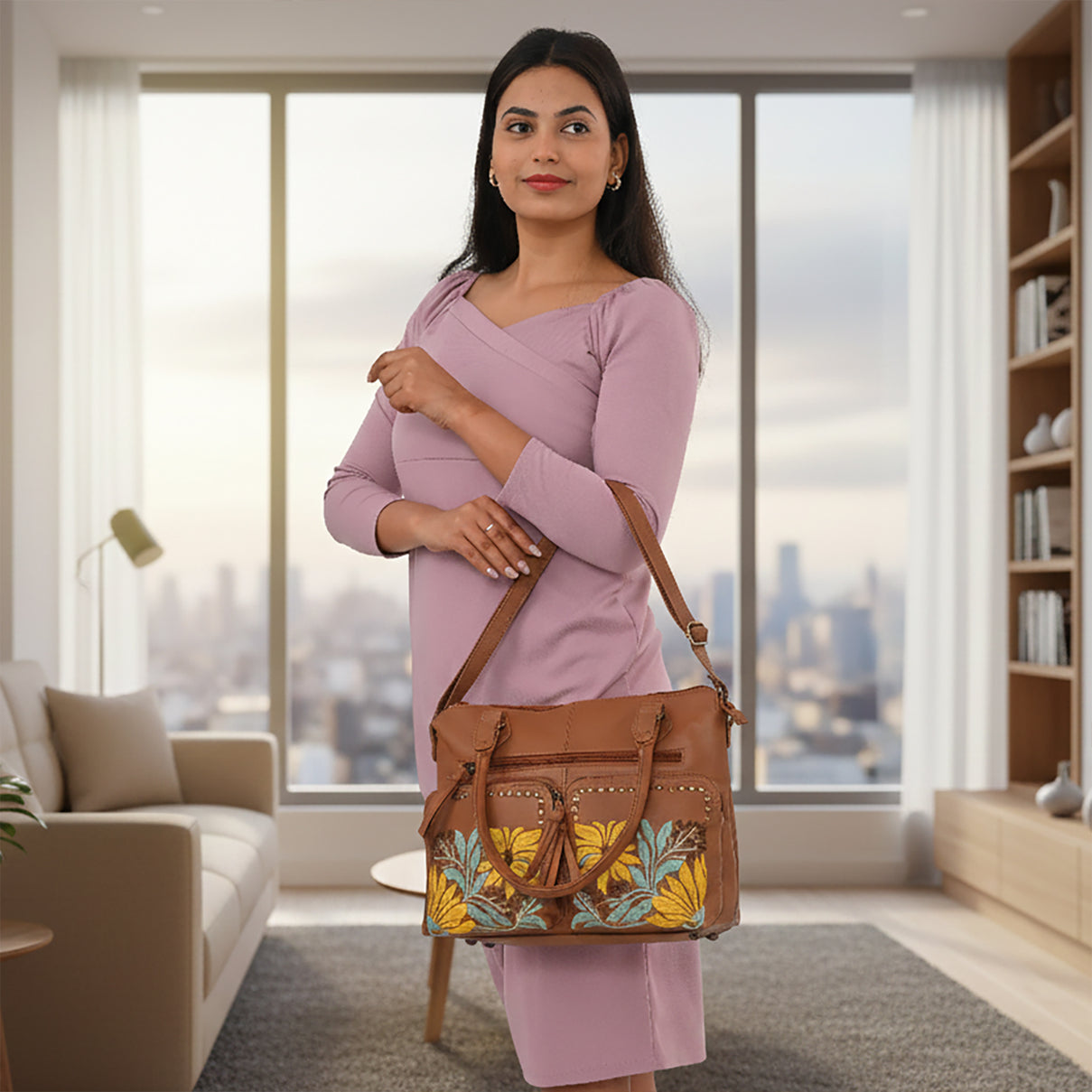 La Marey Genuine Leather Sunflower Embroidery Handbag with Crossbody Shoulder Strap - Light Brown 8414564 4