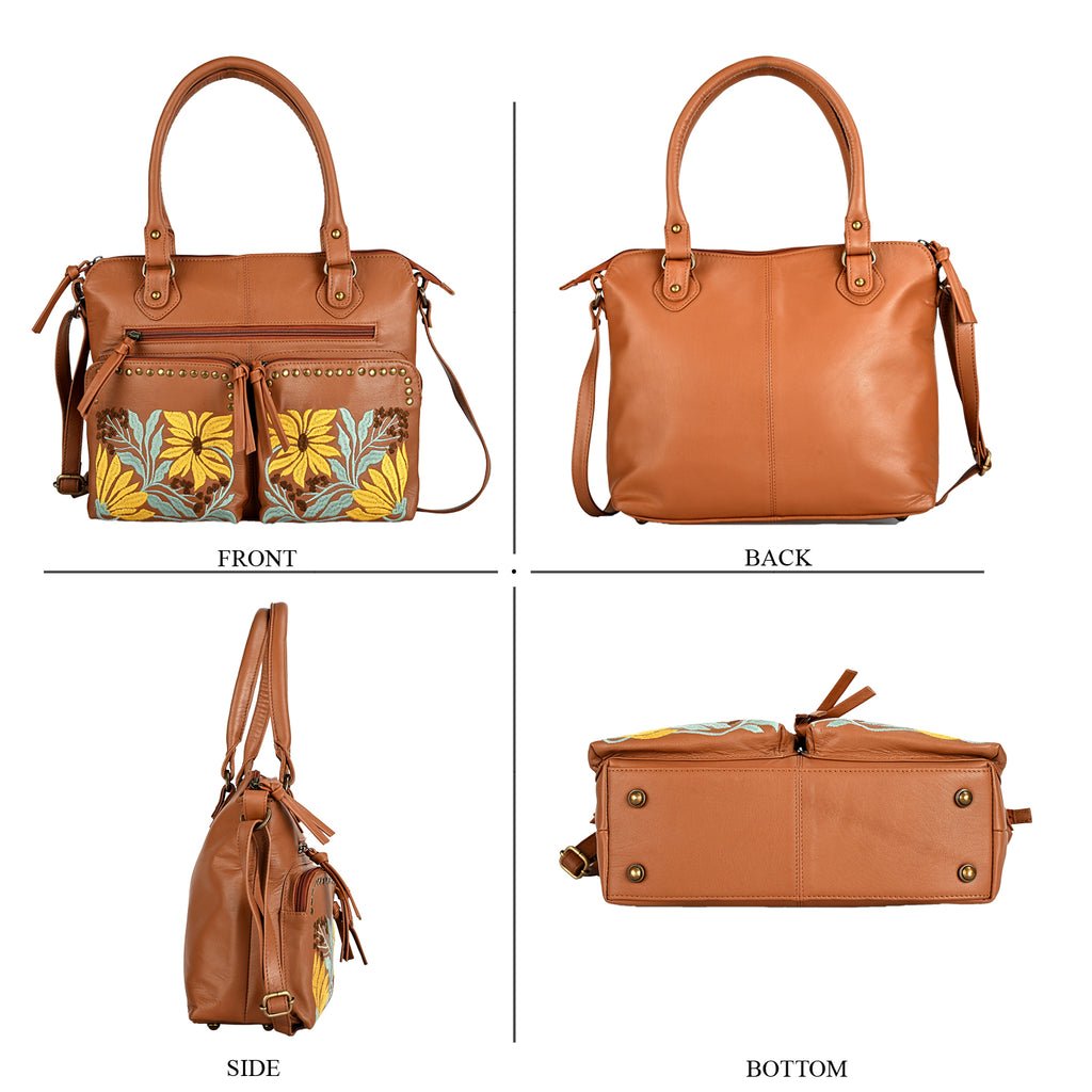 La Marey Genuine Leather Sunflower Embroidery Handbag with Crossbody Shoulder Strap - Light Brown_8414564_4