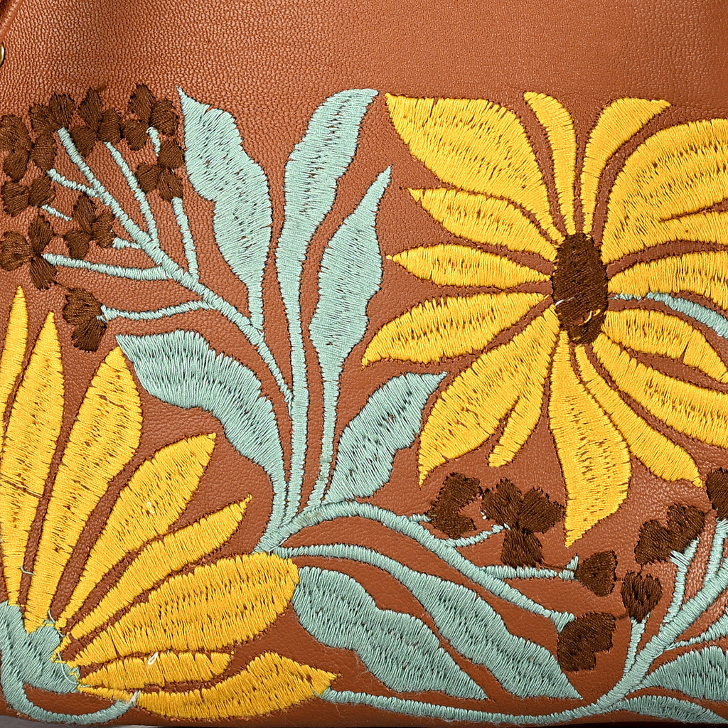 La Marey Genuine Leather Sunflower Embroidery Handbag with Crossbody Shoulder Strap - Light Brown_8414564_6