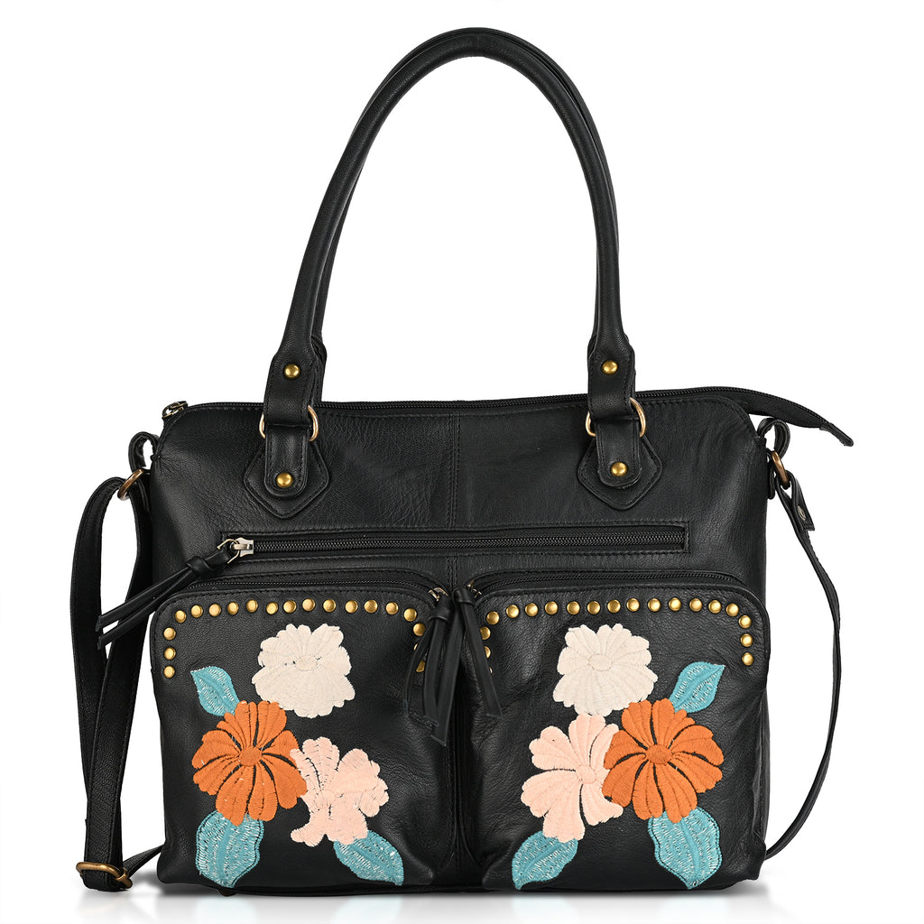 La Marey Genuine Leather Embroidery Handbag with Crossbody Shoulder Strap - Black_8414565