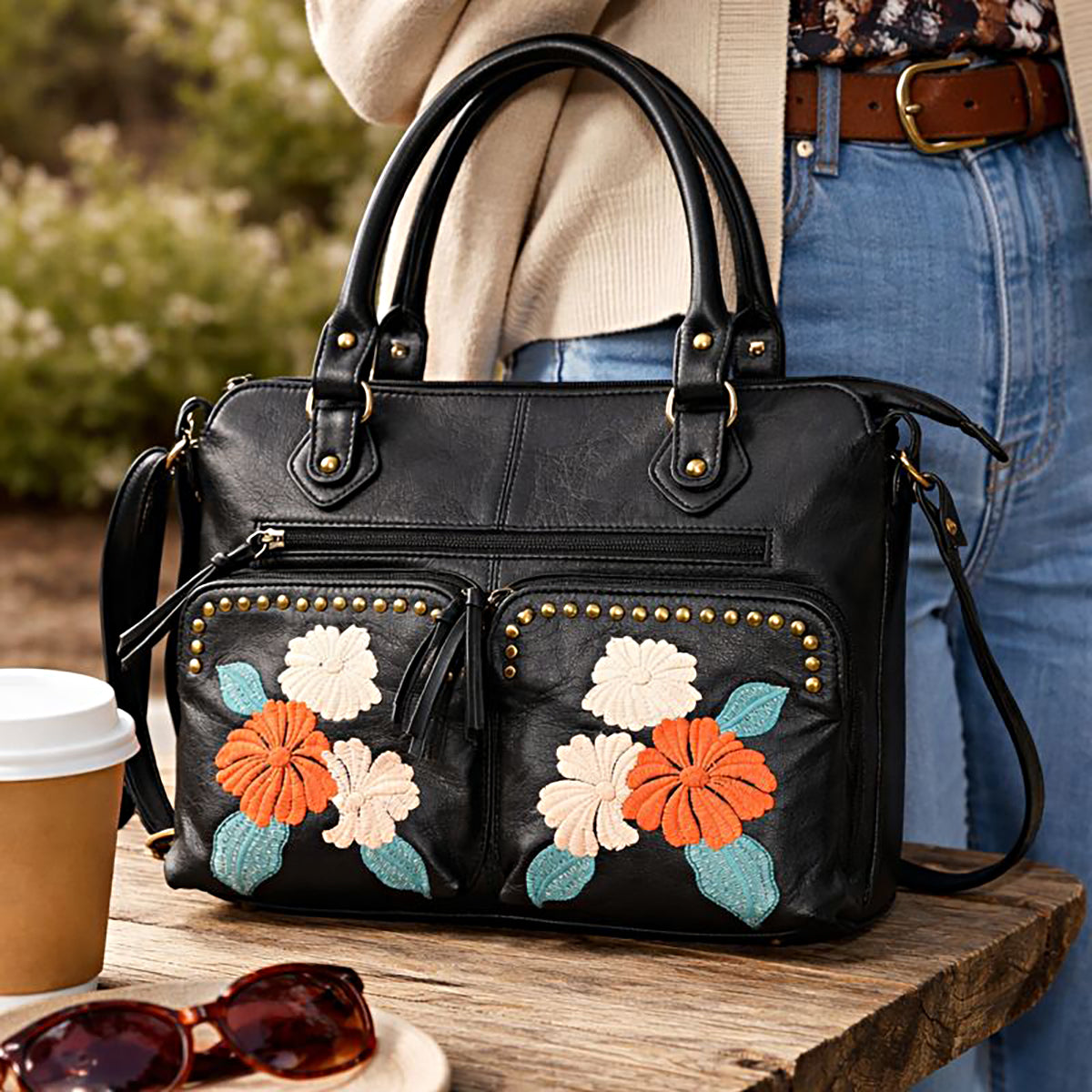 La Marey Genuine Leather Embroidery Handbag with Crossbody Shoulder Strap - Black V32516069 2