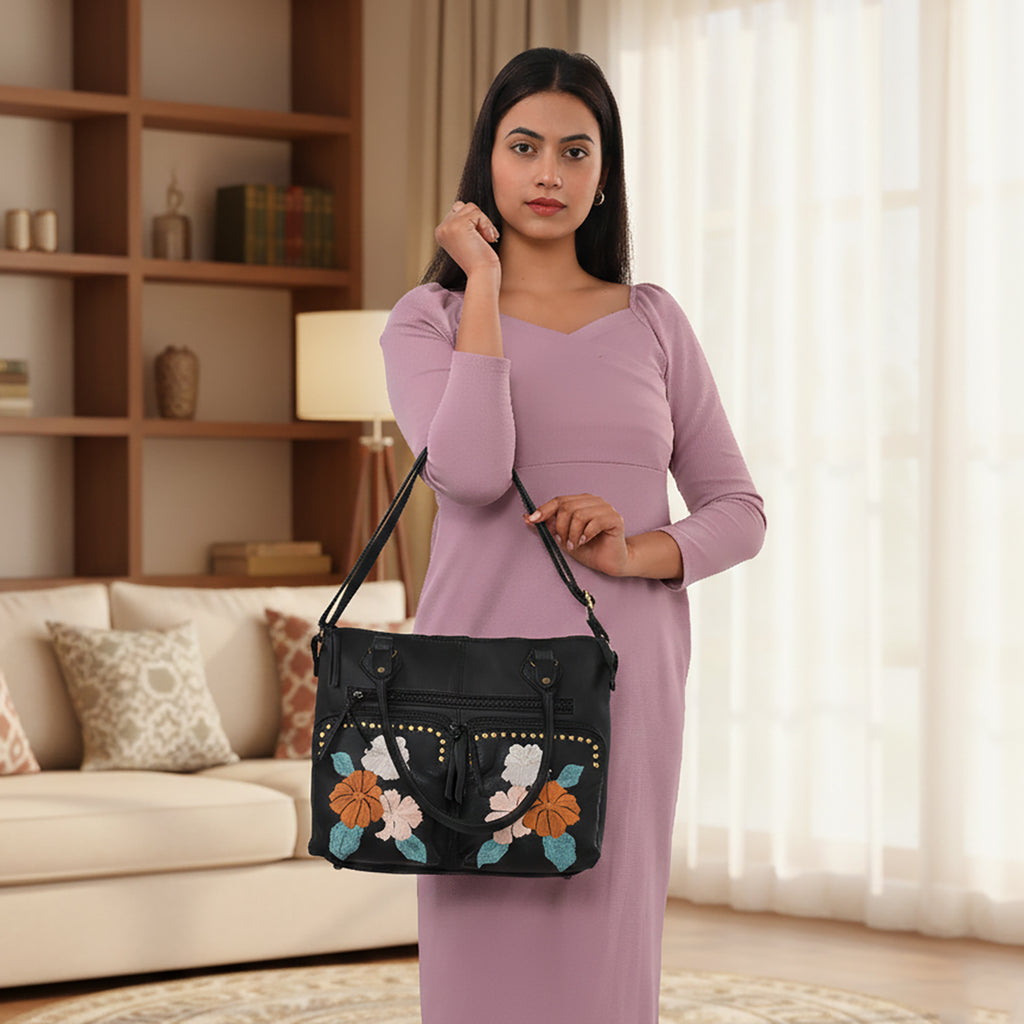 La Marey Genuine Leather Embroidery Handbag with Crossbody Shoulder Strap - Black_8414565_2