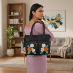 La Marey Genuine Leather Embroidery Handbag with Crossbody Shoulder Strap - Black_8414565_3