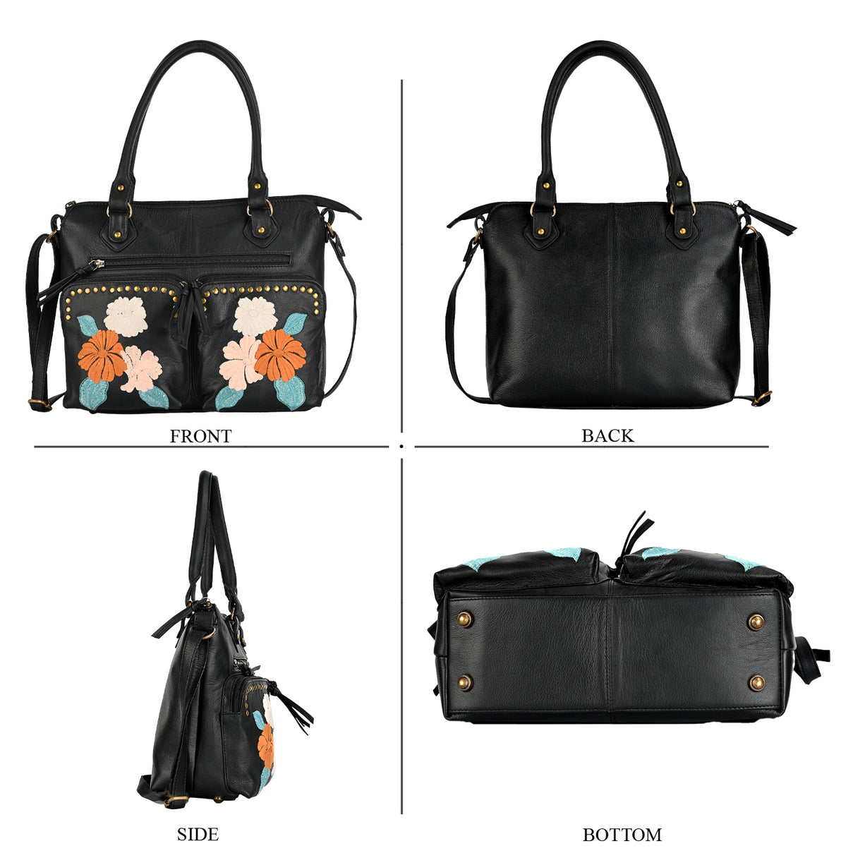 La Marey Genuine Leather Embroidery Handbag with Crossbody Shoulder Strap - Black V32516069 5
