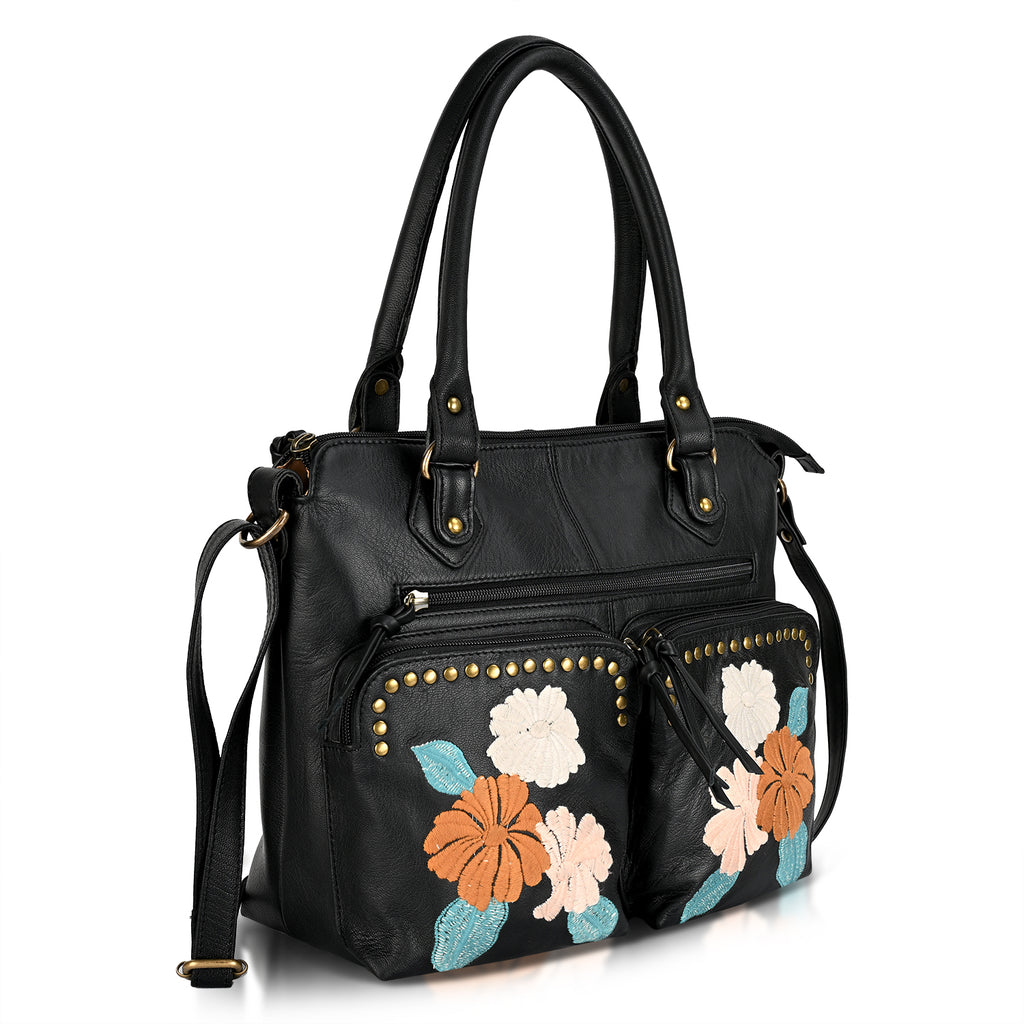 La Marey Genuine Leather Embroidery Handbag with Crossbody Shoulder Strap - Black_8414565_7