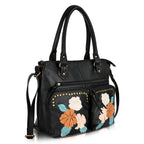 La Marey Genuine Leather Embroidery Handbag with Crossbody Shoulder Strap - Black_8414565_7