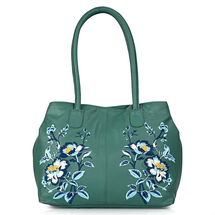 La Marey Genuine Leather Embroidery Handbag with Magnetic Closure - Teal Green 8414581 1