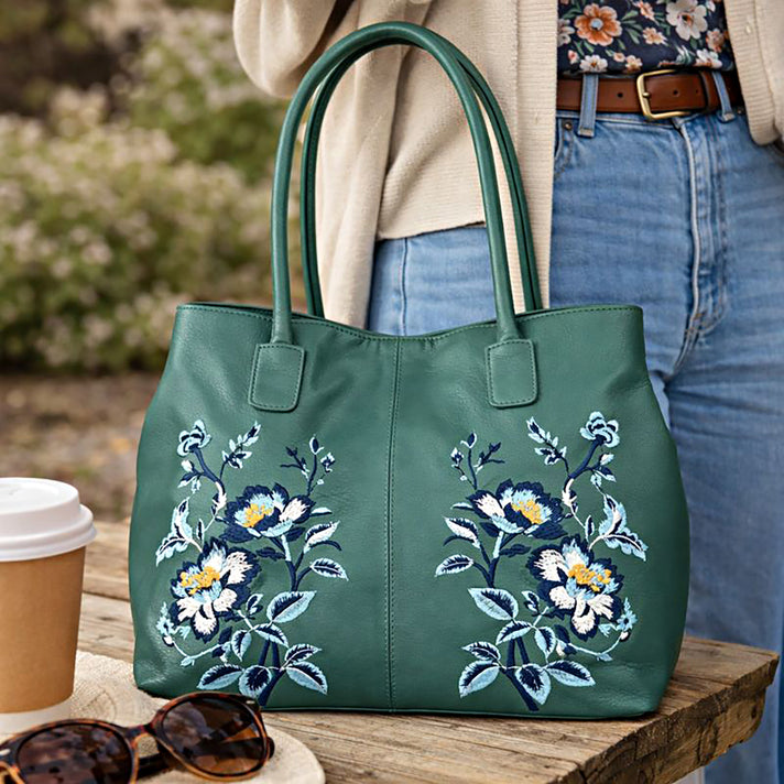 La Marey Genuine Leather Embroidery Handbag with Magnetic Closure - Teal Green 8414581 2
