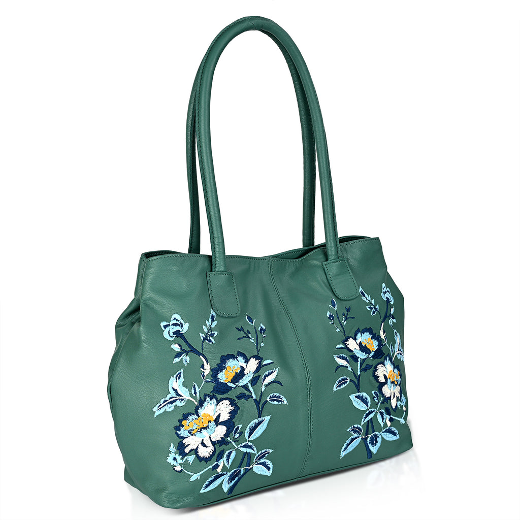 La Marey Genuine Leather Embroidery Handbag with Magnetic Closure - Teal Green_8414581_7
