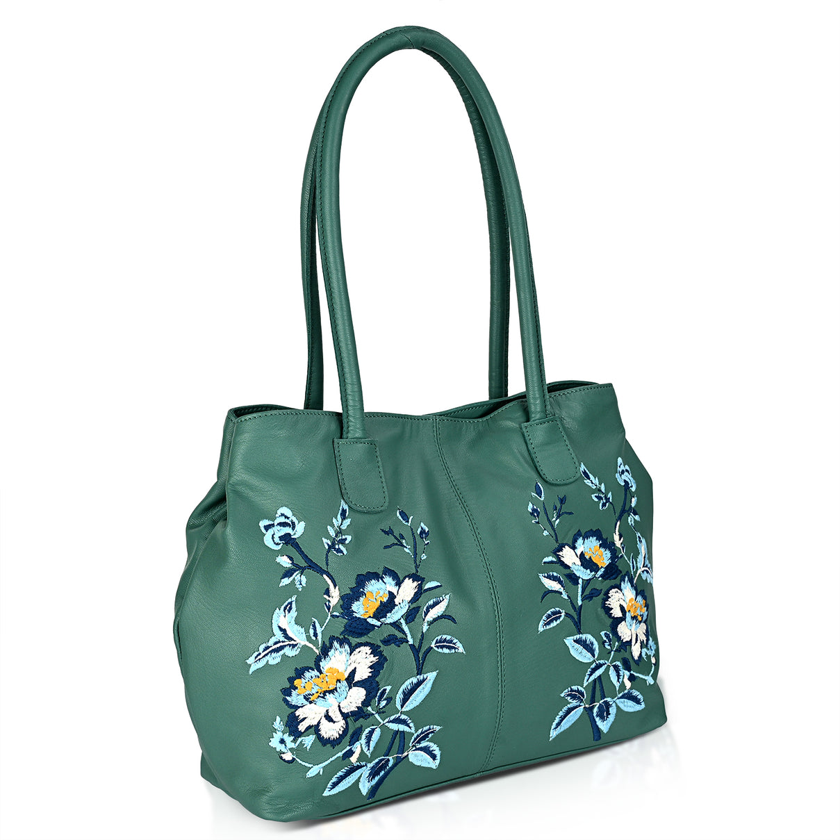 La Marey Genuine Leather Embroidery Handbag with Magnetic Closure - Teal Green 8414581 8