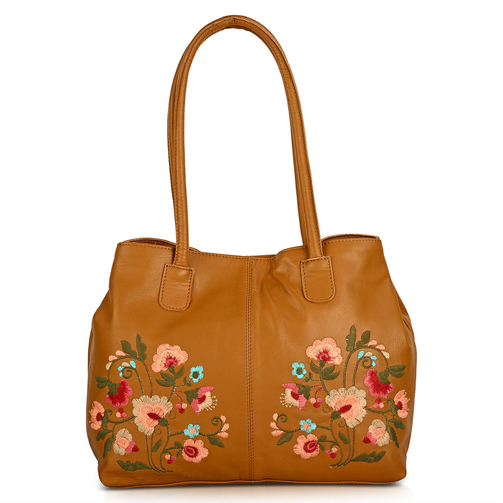 La Marey Genuine Leather Embroidery Handbag with Magnetic Closure - Tan Brown_8414582