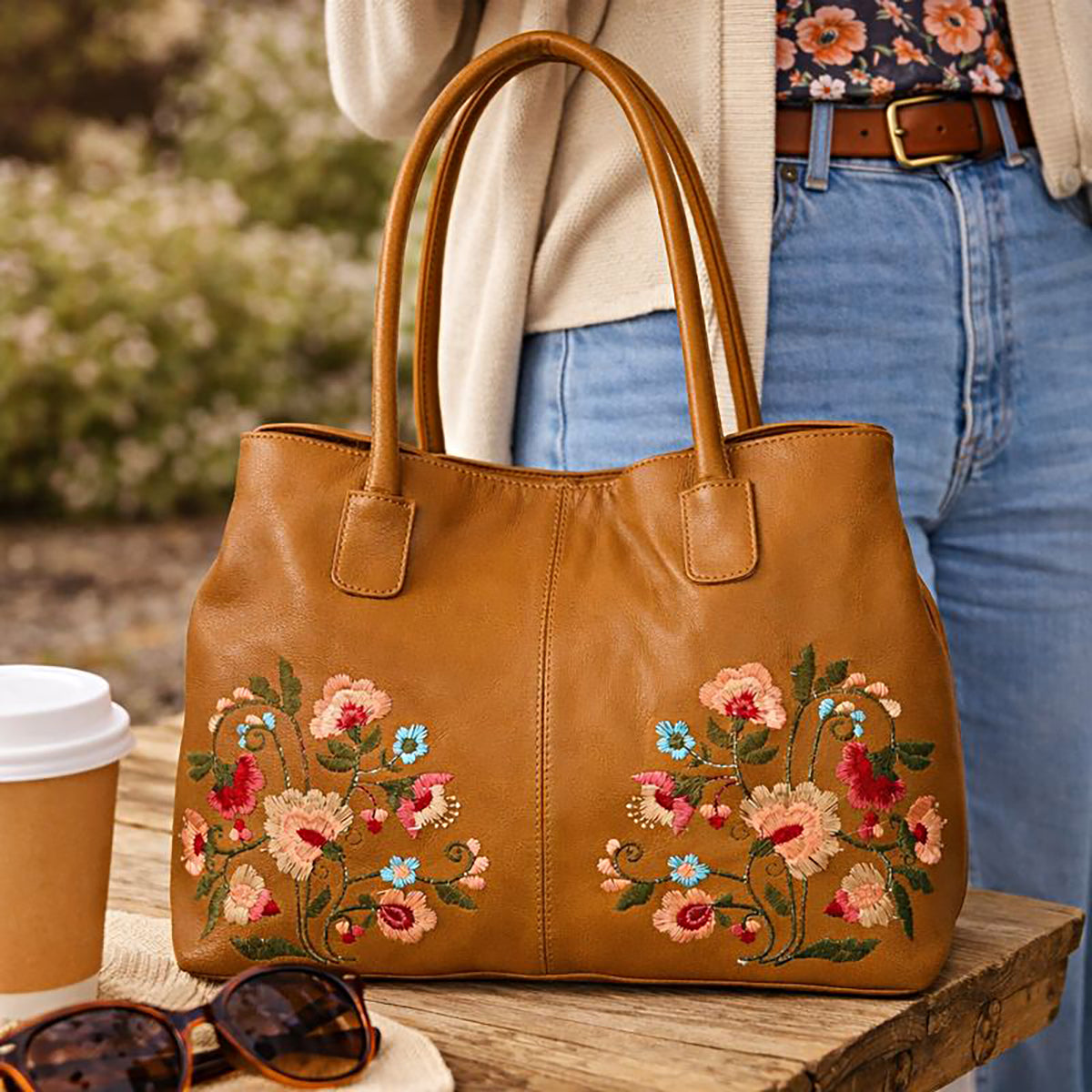 La Marey Genuine Leather Embroidery Handbag with Magnetic Closure - Tan Brown V32515500 2