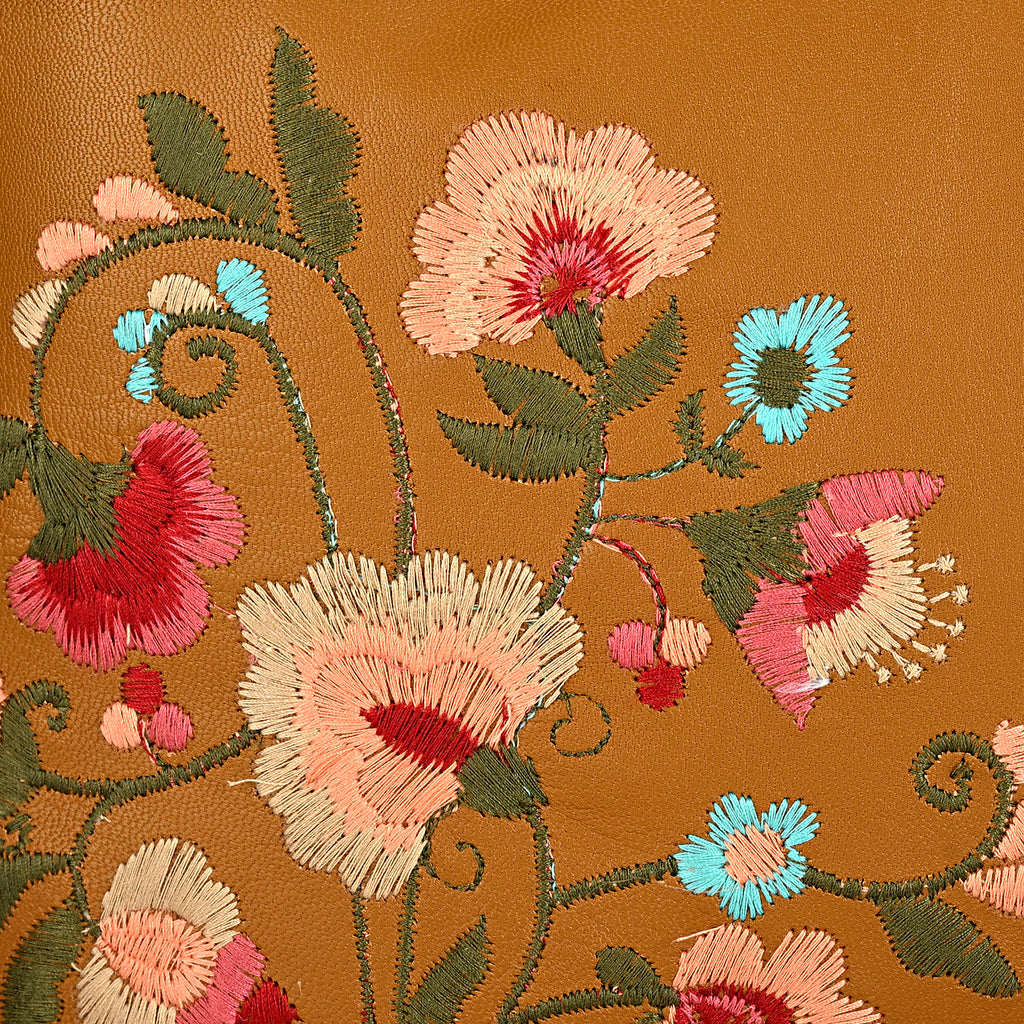 La Marey Genuine Leather Embroidery Handbag with Magnetic Closure - Tan Brown_8414582_6