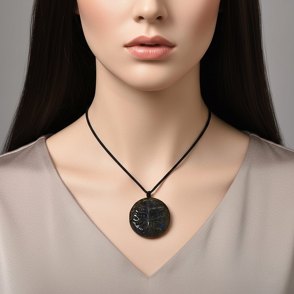 Natural Labradorite Carved Necklace with Adjustable Cotton Thread (Up to Size 28) 85.00 Ct. - Tree 8414626 2