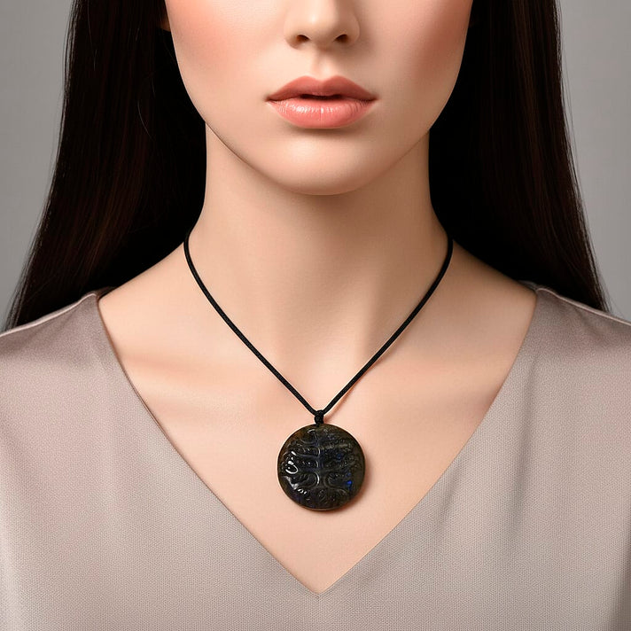 Natural Labradorite Carved Necklace with Adjustable Cotton Thread (Up to Size 28) 85.00 Ct. - Tree 8414626 2