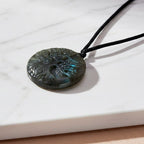 Natural Labradorite Carved Necklace with Adjustable Cotton Thread (Up to Size 28) 85.00 Ct. - Tree