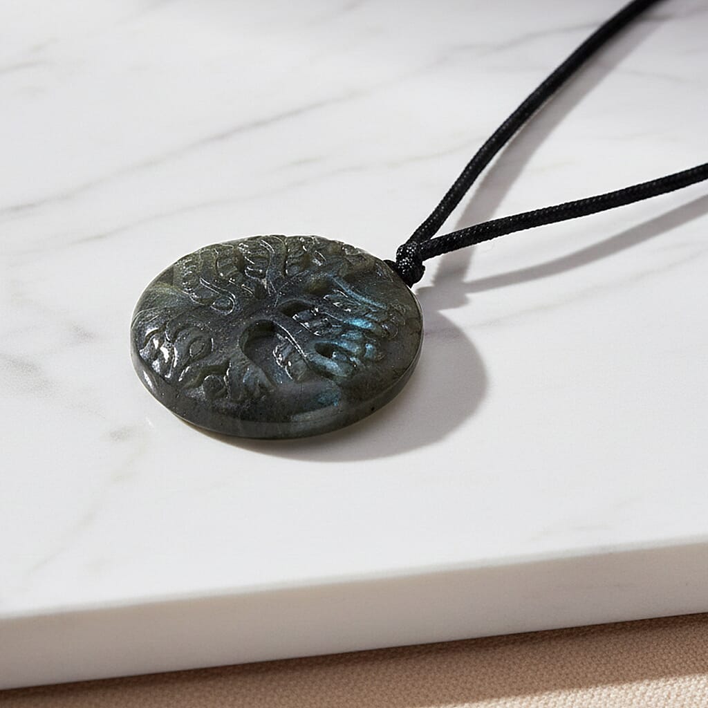 Natural Labradorite Carved Necklace with Adjustable Cotton Thread (Up to Size 28) 85.00 Ct. - Tree 8414626 3