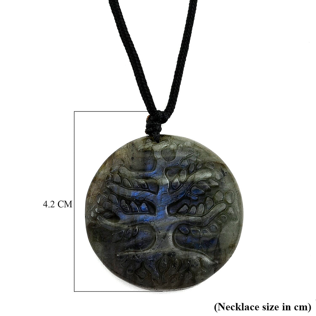Natural Labradorite Carved Necklace with Adjustable Cotton Thread (Up to Size 28) 85.00 Ct. - Tree