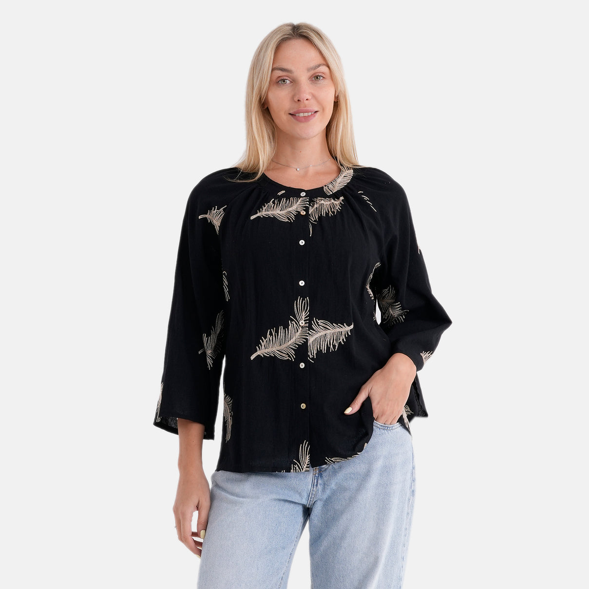 La Marey Cotton Embroidery Long-Sleeve Blouse (Size 8 to 14) - Black V32528574 0