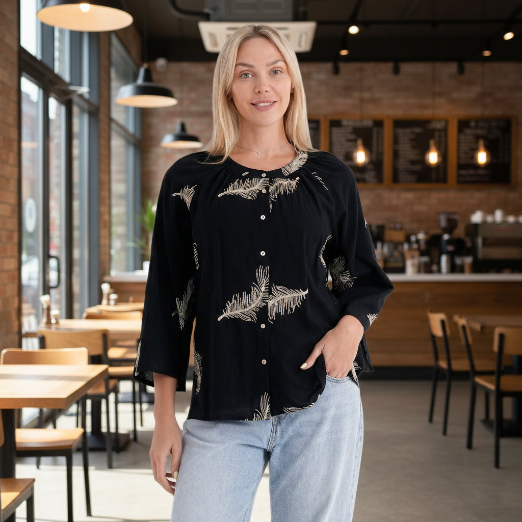 La Marey Cotton Embroidery Long-Sleeve Blouse (Size 8 to 14) - Black V32528574 2