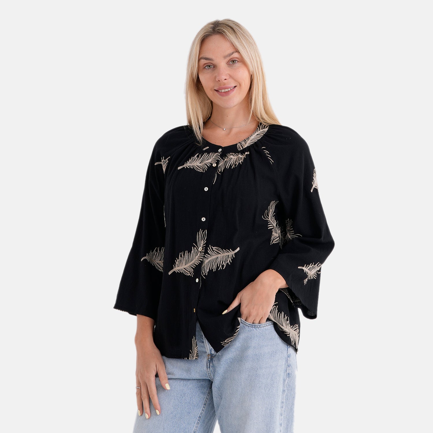 La Marey Cotton Embroidery Long-Sleeve Blouse (Size 8 to 14) - Black V32528574 4