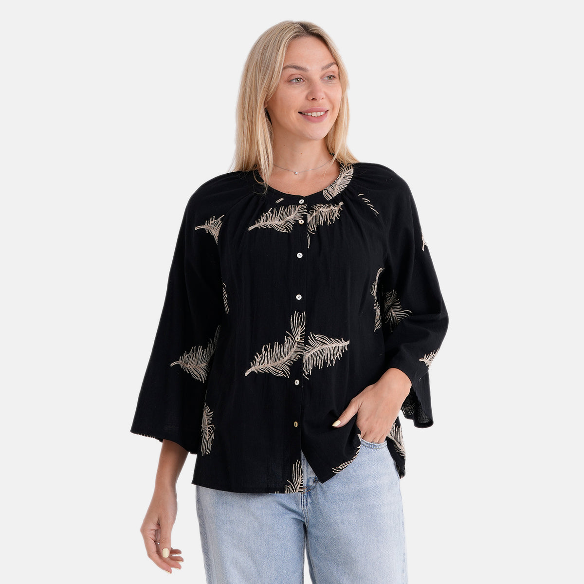 La Marey Cotton Embroidery Long-Sleeve Blouse (Size 8 to 14) - Black V32528574 5