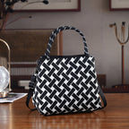 Geometric Woven Pattern Handbag with Shoulder Strap (130cm) - Black_8415363_1
